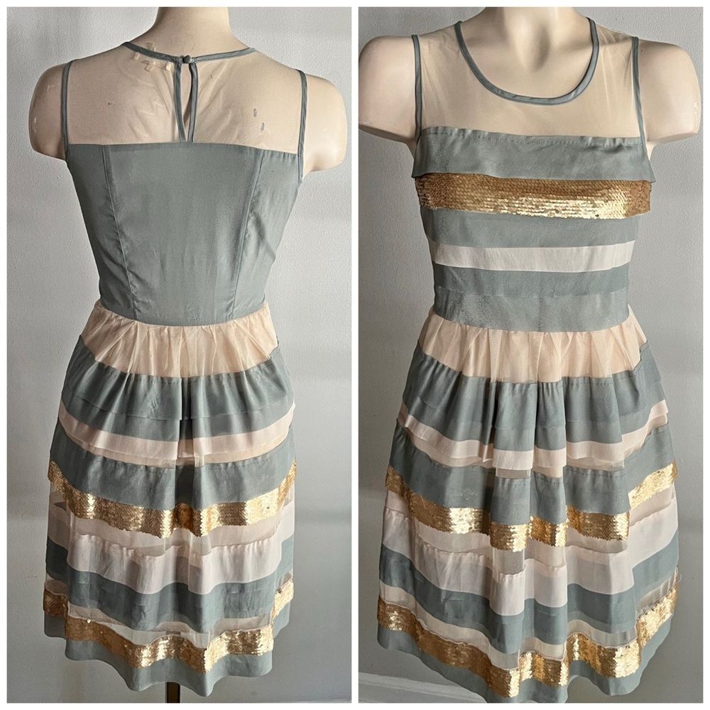 RYU Sage Tiered Dress Gold Sequin Mesh Bodice Party Cocktail Formal Small
